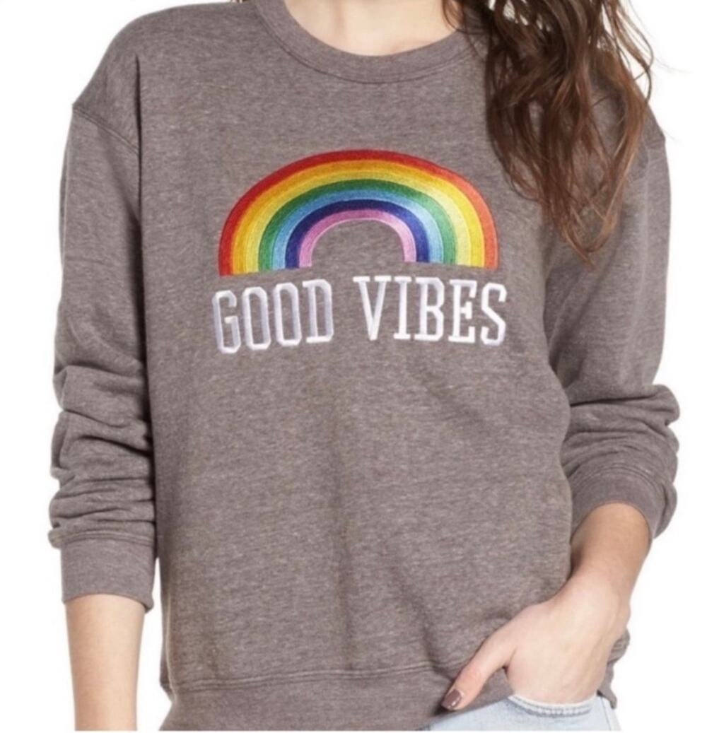 Sub_Urban Riot Good Vibes Embroidered Rainbow Crew Neck Sweatshirt Grey Small